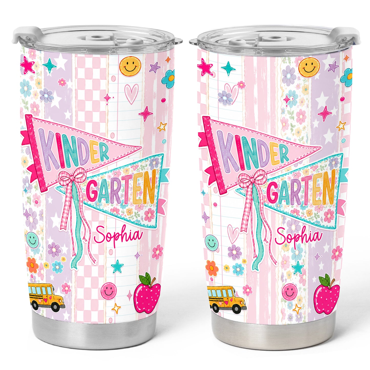 Personalized Back to School Tumbler - Custom Name & Class for Teachers and Students, Pastel Bow 20oz Travel Cup