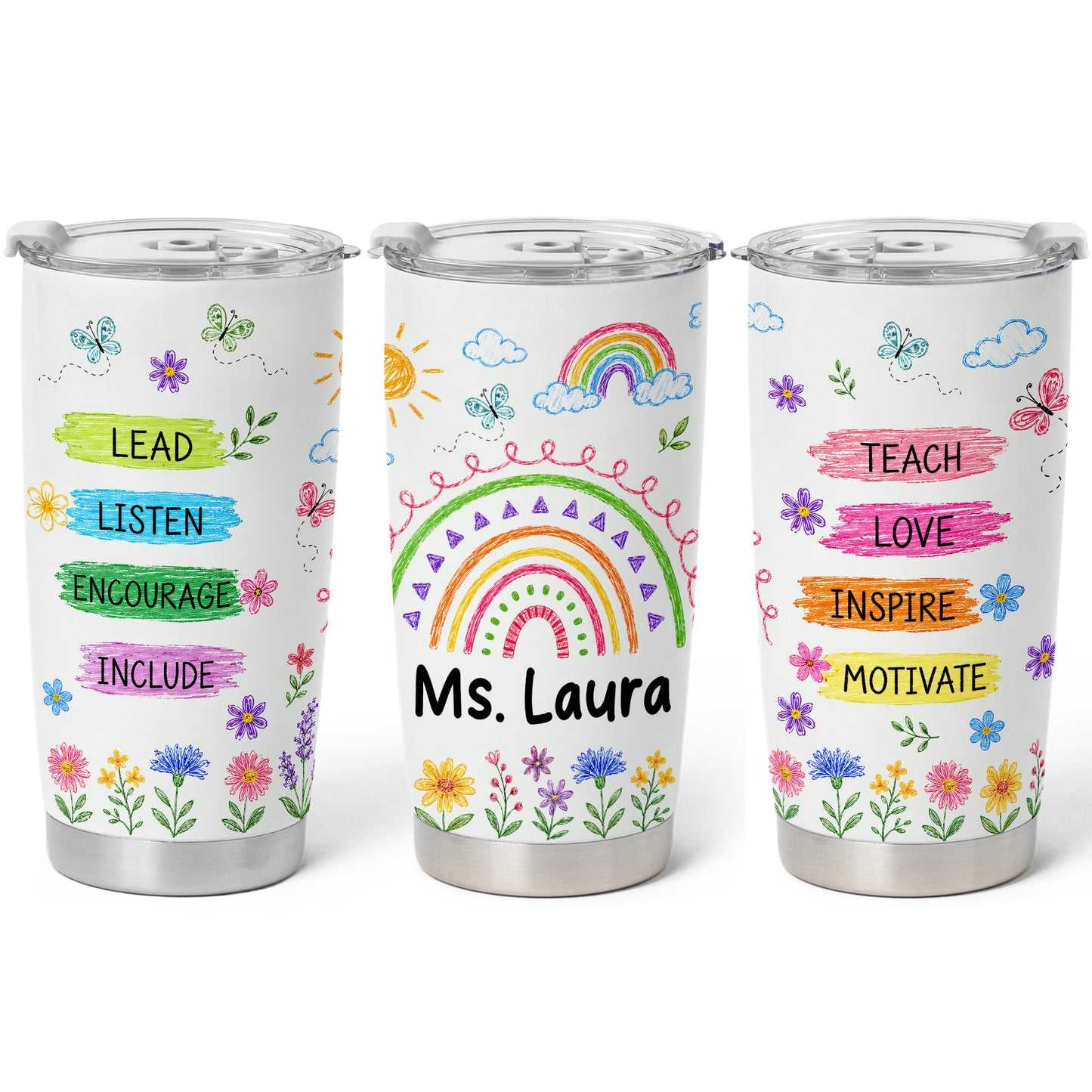 Rainbow Teacher Tumbler - Teach Love Inspire - Custom Teacher Name Travel Cup - Colorful Teacher Gift