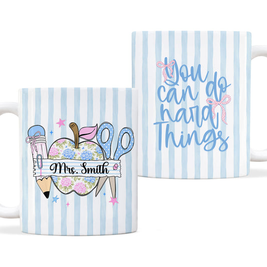 Personalized Teacher Student Coffee Mug with Custom Name, You Can Do Hard Things Mug, Striped Color School Gift, Back to School Cup