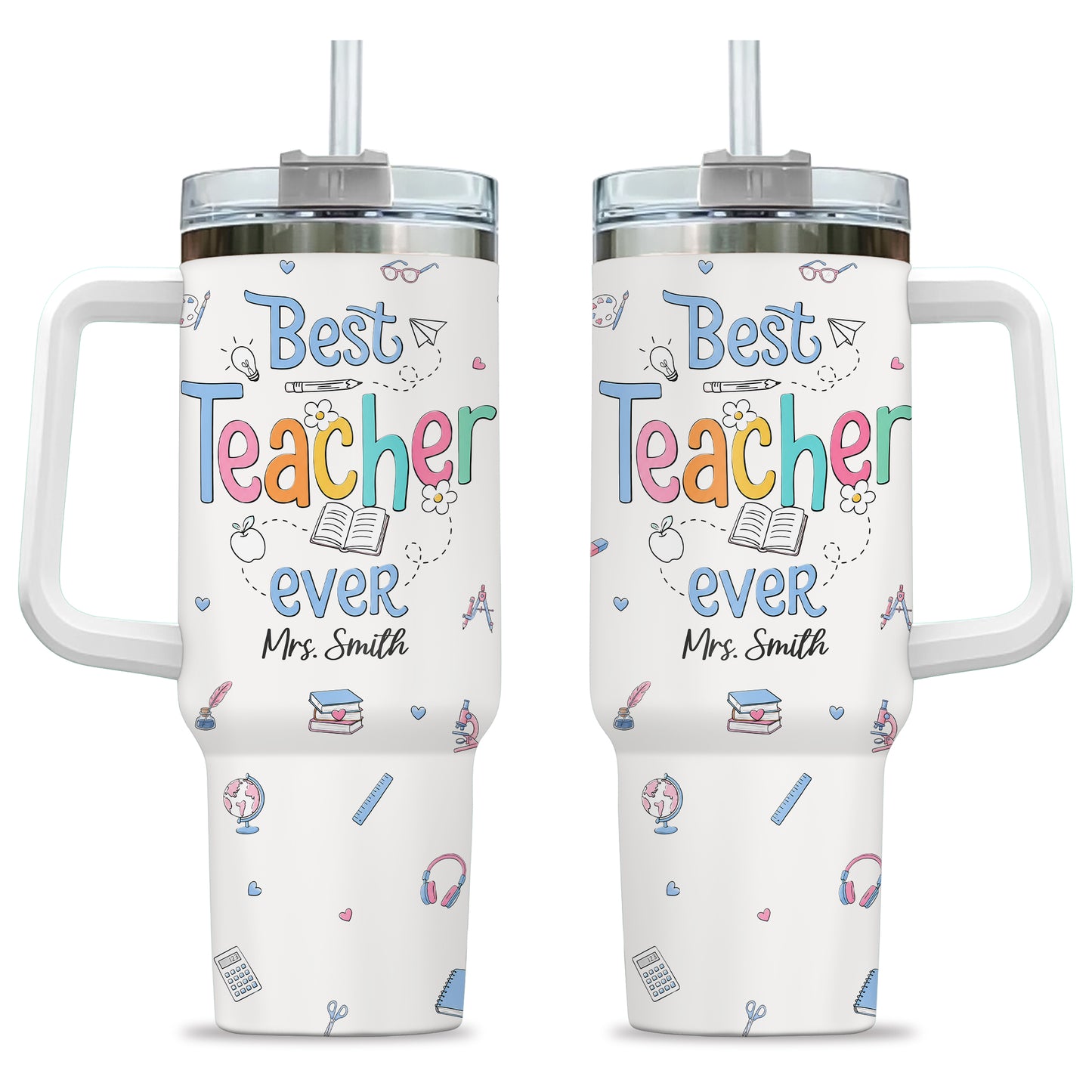 Personalized 40oz Teacher Tumbler with Handle & Straw – Custom Name Insulated Travel Mug for Back to School, Teacher Appreciation & First Day of School Gift