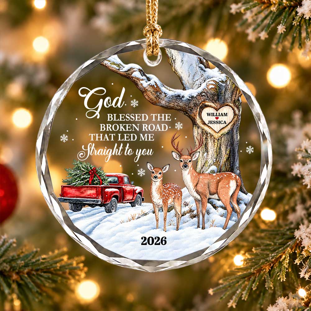 Personalized Couple Glass Ornament - God Blessed the Broken Road Deer Couple - Christmas Gift for Couples 2026