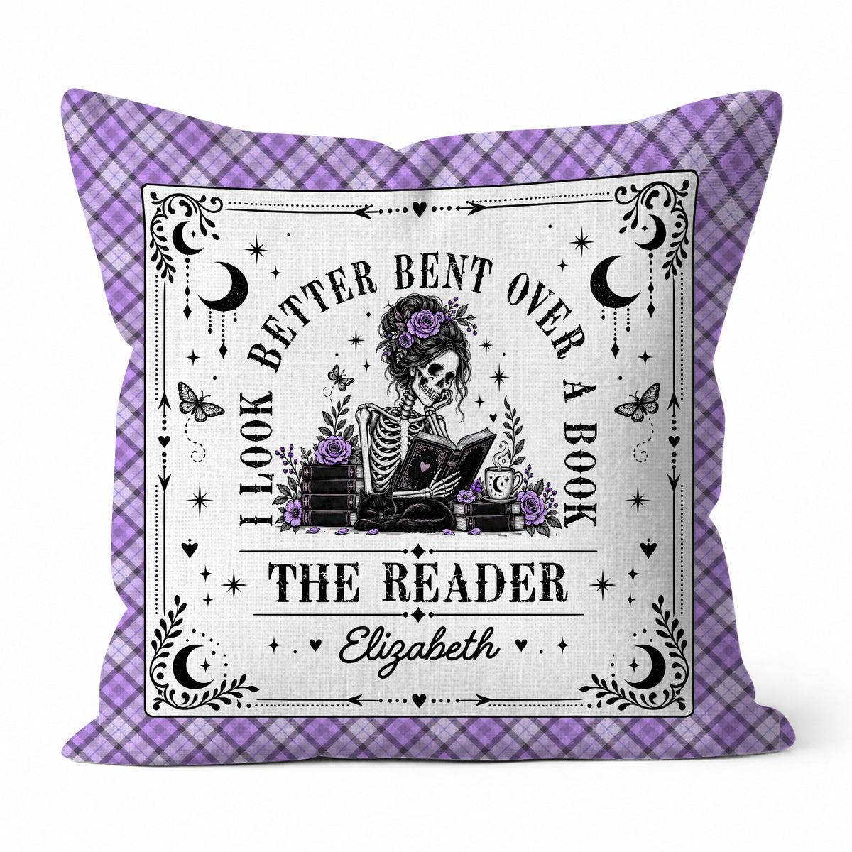 Personalized Halloween Reading Pillow - I Look Better Bent Over a Book - Custom Name Skeleton Pillow - Halloween Gift for Book Lovers