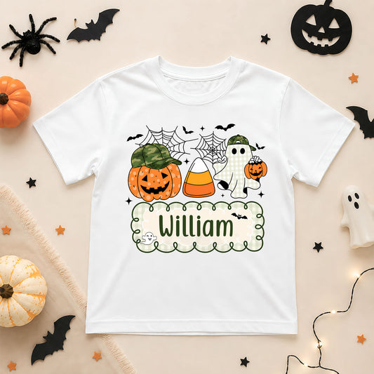 Personalized Halloween Kids Shirt - Custom Name Pumpkin Ghost T-Shirt - Cute Spooky Halloween Outfit, Trick or Treat Gift for Kids
