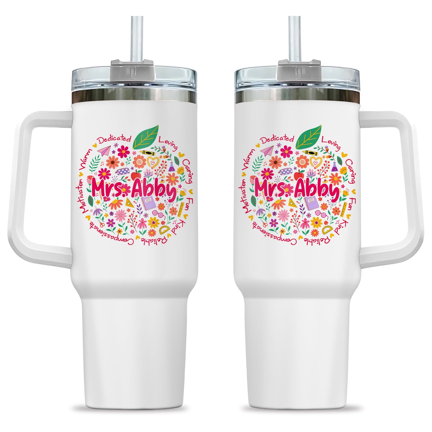 Retro Floral Teacher Tumbler With Handle - Custom Name Teacher To Go Cup, Back To School Teacher Gift