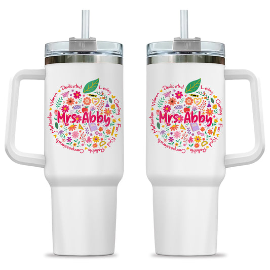 Retro Floral Teacher Tumbler With Handle - Custom Name Teacher To Go Cup, Back To School Teacher Gift