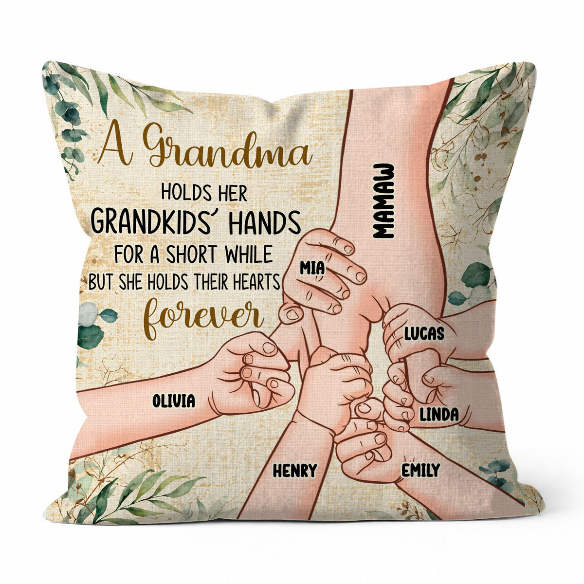 Personalized Grandma Pillow - Grandma Holds Grandkids' Hearts Forever - Custom Family Gift