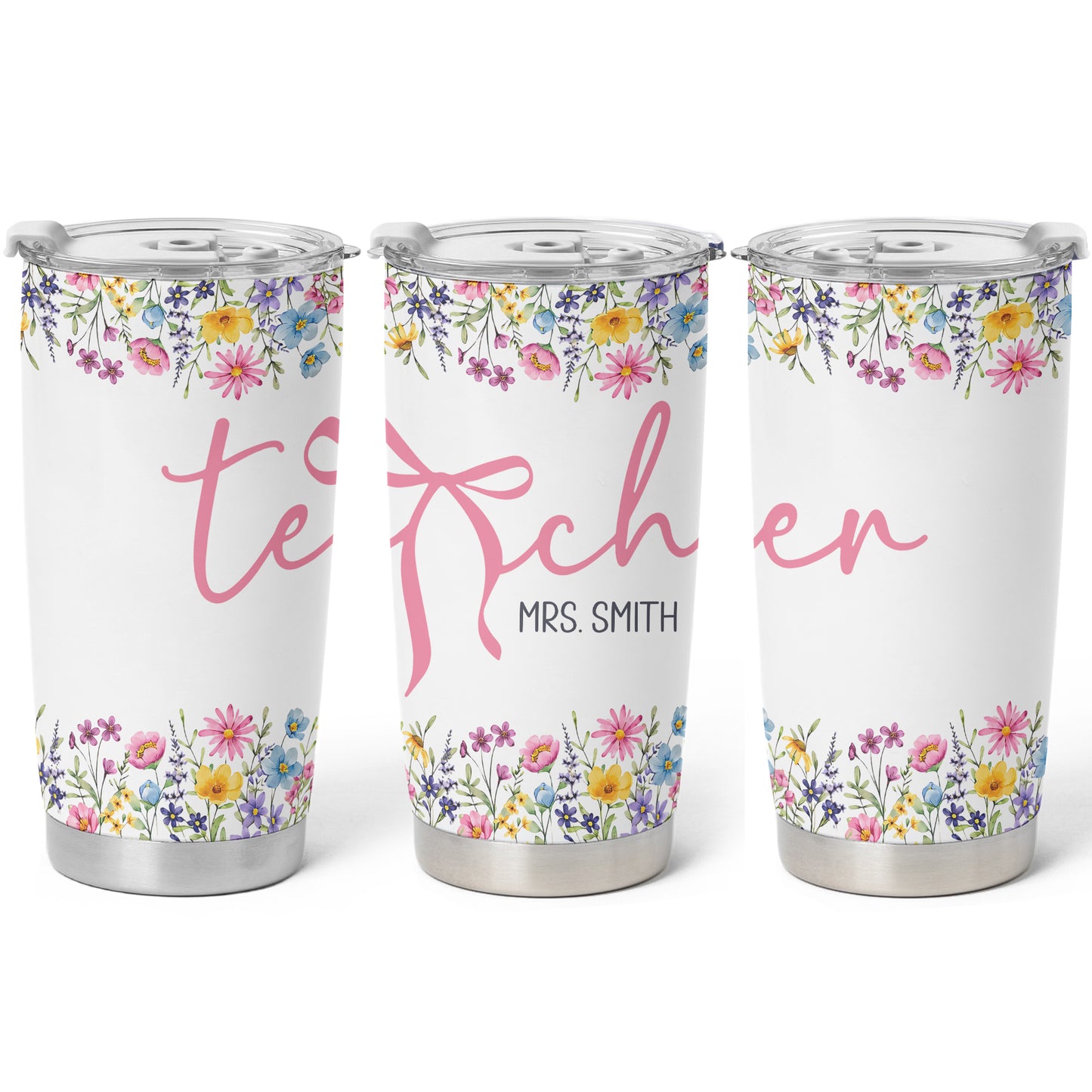 Personalized Teacher Tumbler with Custom Name, Cute Pencil Floral Travel Cup, Teacher Appreciation Gift, Back to School Teacher Gift