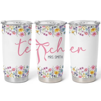 Personalized Teacher Tumbler with Custom Name, Cute Pencil Floral Travel Cup, Teacher Appreciation Gift, Back to School Teacher Gift