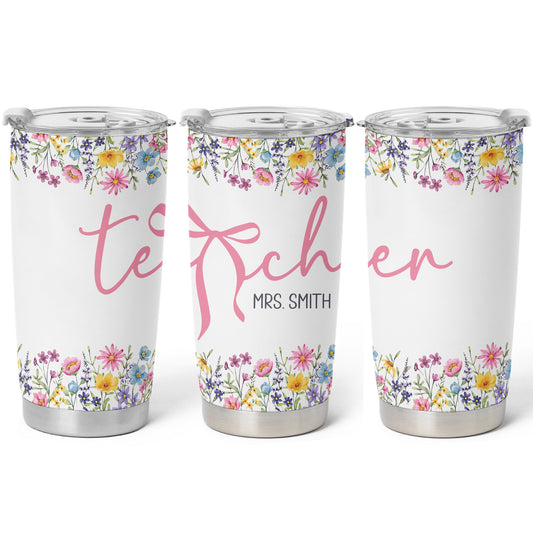 Personalized Teacher Tumbler with Custom Name, Cute Pencil Floral Travel Cup, Teacher Appreciation Gift, Back to School Teacher Gift