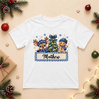 Personalized Christmas Kid T-shirt - Custom Name Reindeer Gingerbread T-shirt - Holiday Gift for Boys and Girls