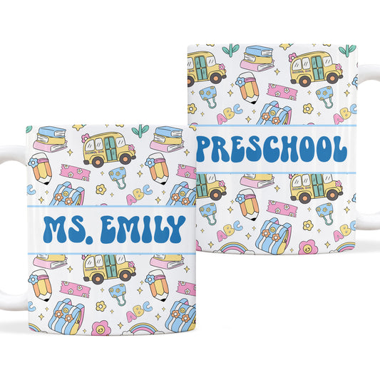 Colorful Groovy Pattern Teacher Mug - Custom Teacher Name & Grade Coffee Cup - Back To School Gift for Teachers