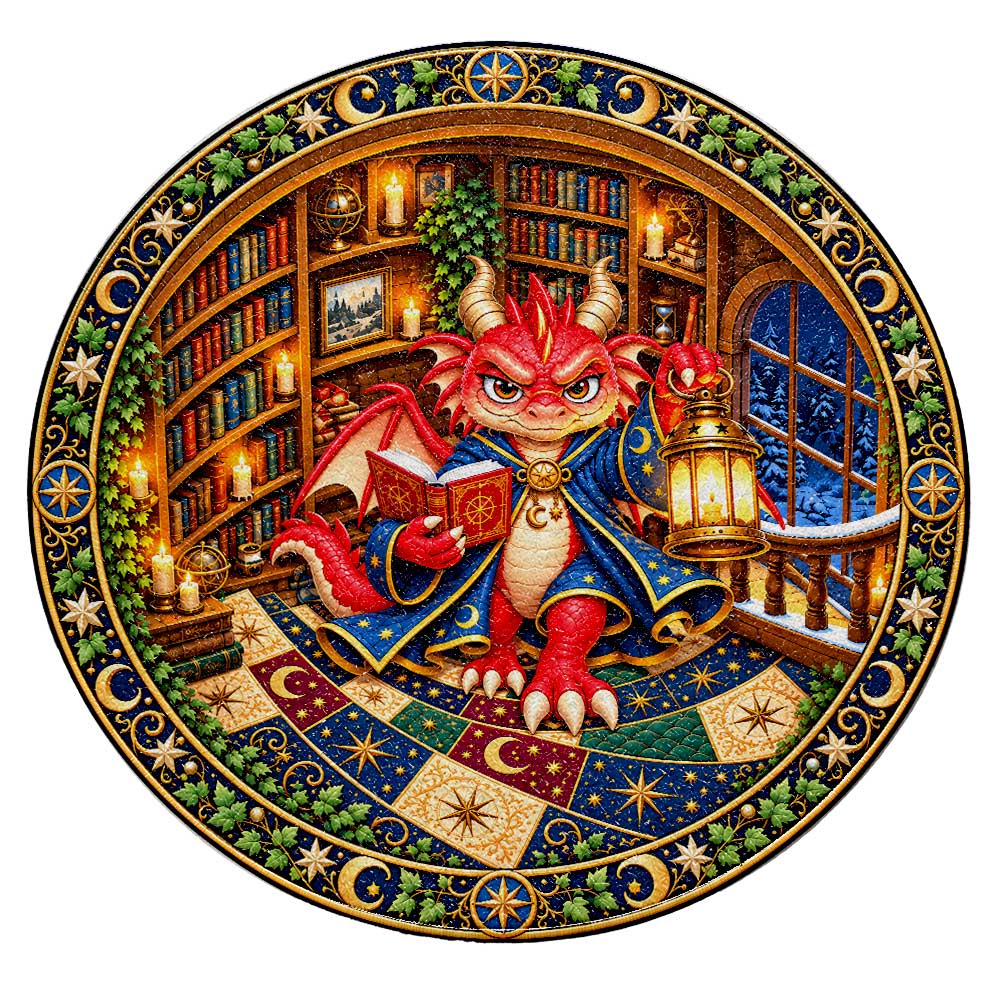 Personalized Round Rug - Fantasy Dragon Cat Dog Owl Reading In Spiral Library Rug - Book Lovers Christmas Gift