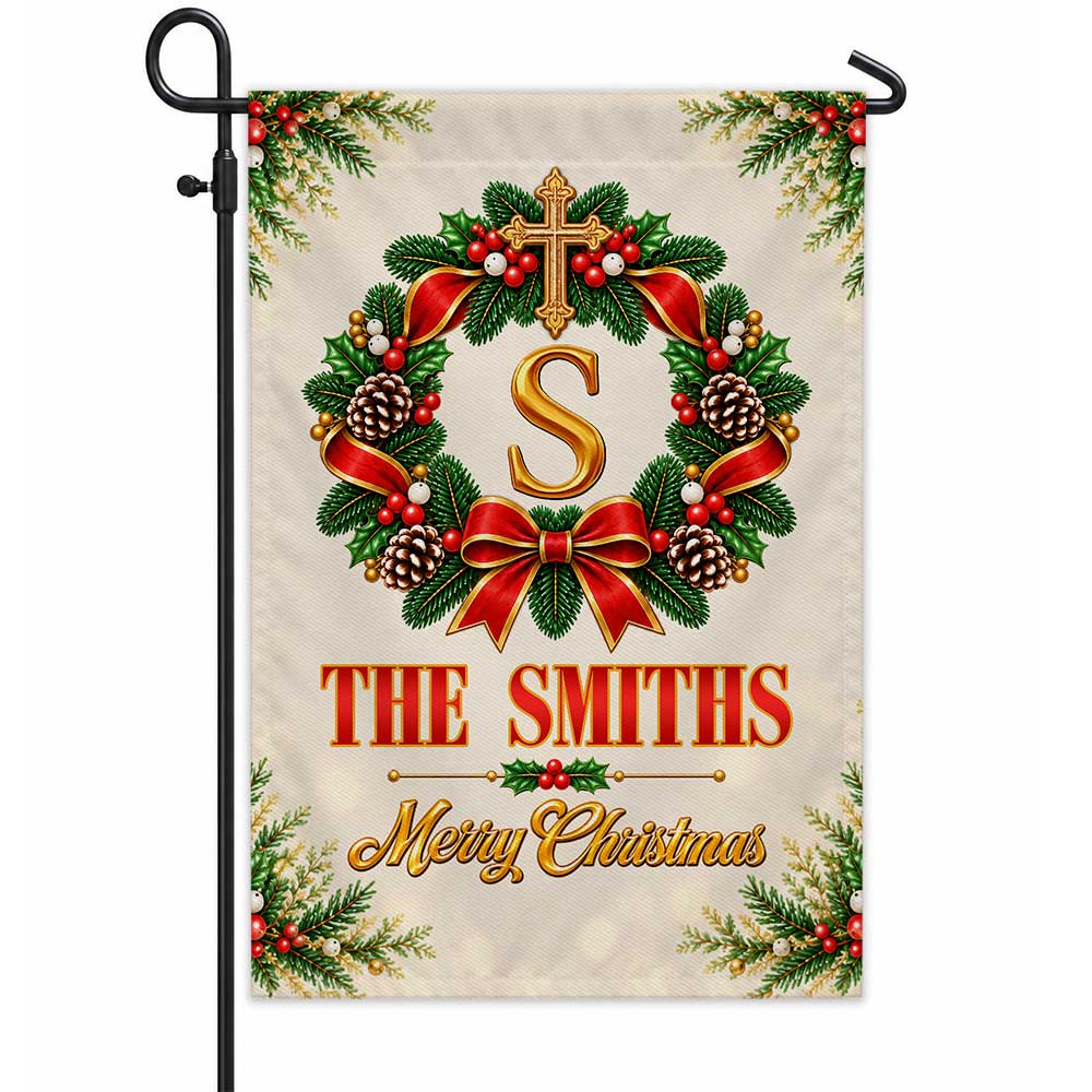 Personalized Christmas Garden Flag - Custom Family Name Monogram Wreath - Holiday Outdoor Decor, Christmas Gift