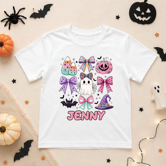 Personalized Halloween Coquette T-Shirt for Kids - Custom Name Ghost & Bow Shirt - Cute Spooky Halloween Tee, Halloween Gift
