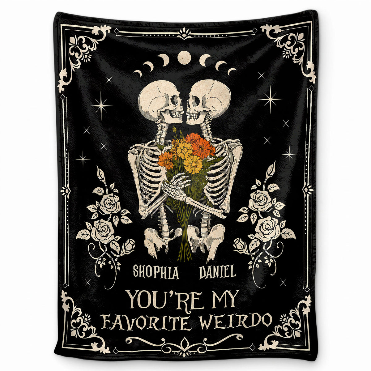 Personalized Skeleton Couple Fleece & Sherpa Blanket, Gothic Blanket with Roses, Halloween Gift for Couples
