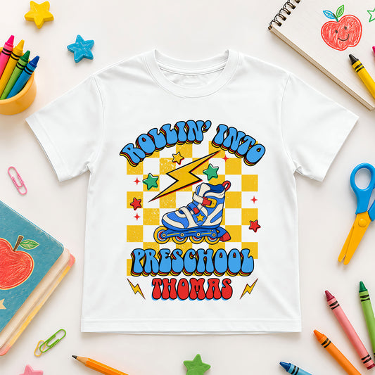 Rollin' Into School Retro Shirt - Custom Name & Grade Kids T-Shirt - First Day of School Outfit for Boys