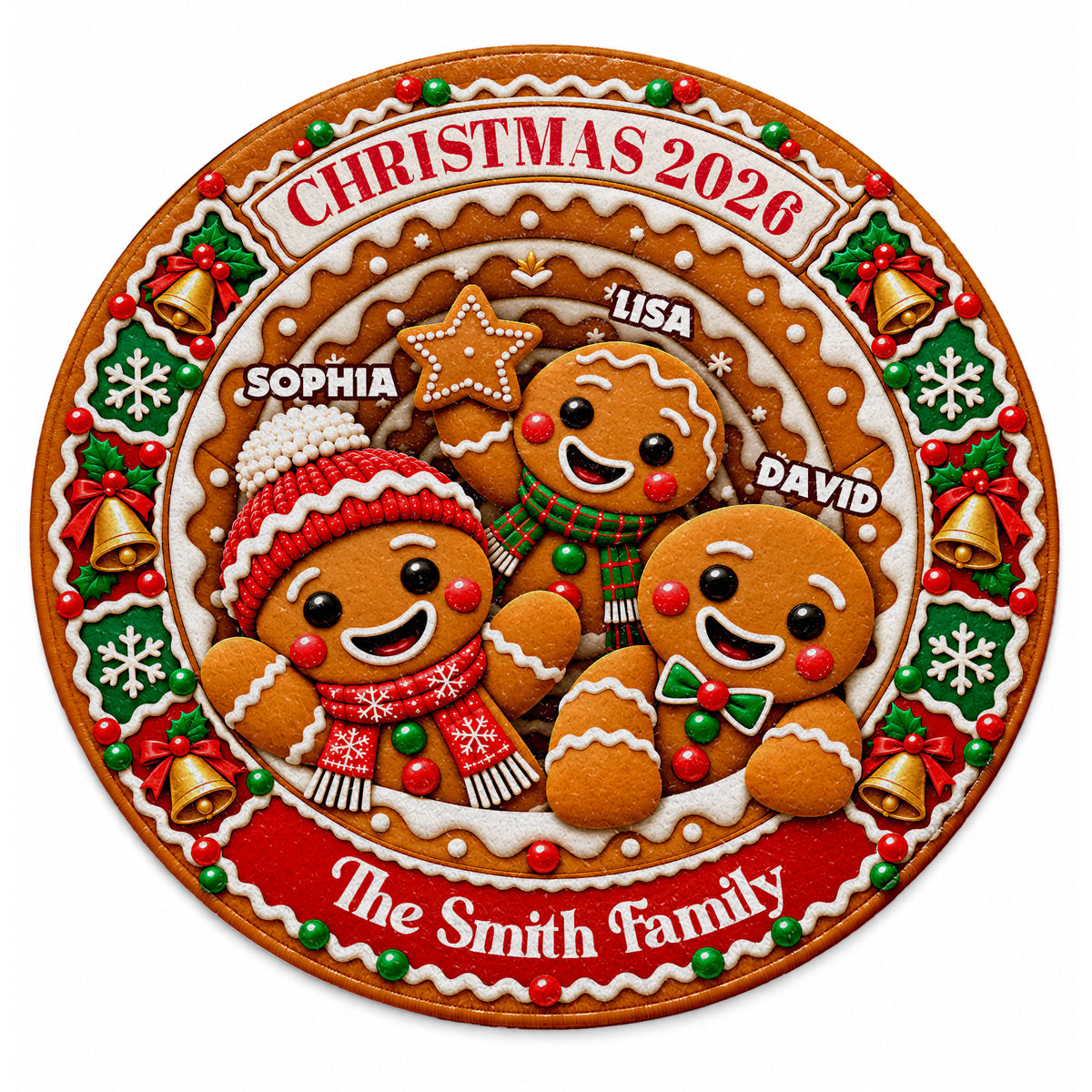 Personalized Christmas Round Rug - Custom Family Name Gingerbread 3D Effect Rug - Christmas Gift for Family