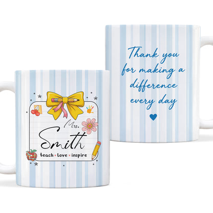 Personalized Teach Love Inspire Teacher Mug with Custom Name, Teacher Appreciation Coffee Mug, Thank You Teacher Gift, Back to School Gift