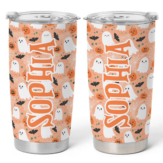 Personalized Halloween Tumbler with Name - Cute Halloween Pattern Tumbler, 20oz Insulated To Go Cup - Halloween Lovers Gift