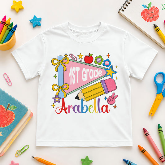 Colorful Pennant Tshirt - Custom Name & Grade Kid T-shirt - Back To School Gift for Boys & Girls