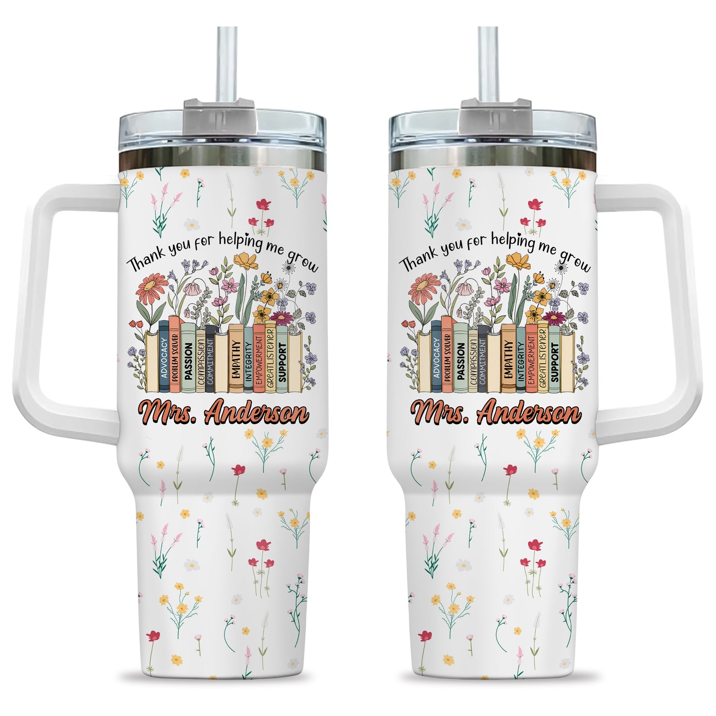 Vintage Floral Book Teacher Tumbler With Handle - Thank You Teacher To Go Cup - Personalized Back To School Gift for Teacher