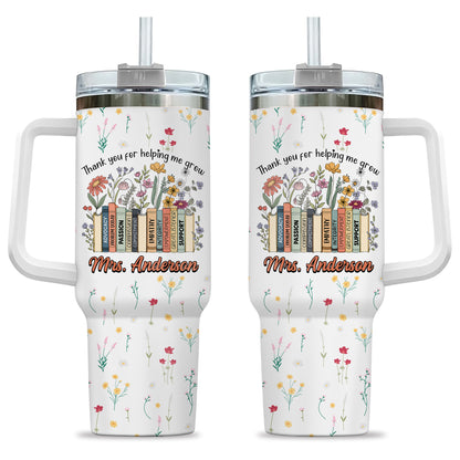 Vintage Floral Book Teacher Tumbler With Handle - Thank You Teacher To Go Cup - Personalized Back To School Gift for Teacher