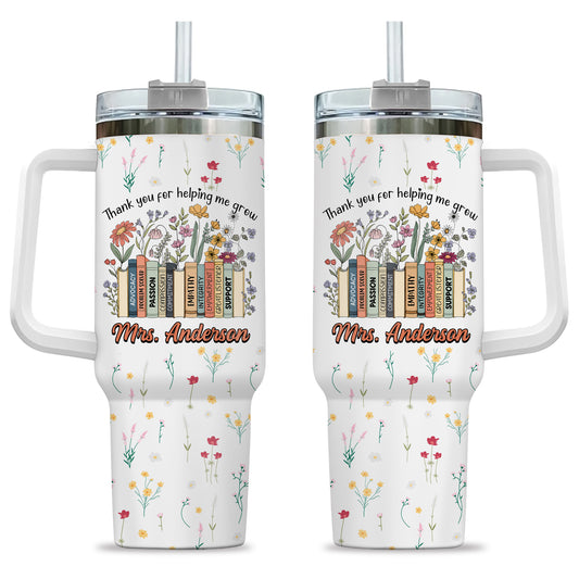 Vintage Floral Book Teacher Tumbler With Handle - Thank You Teacher To Go Cup - Personalized Back To School Gift for Teacher