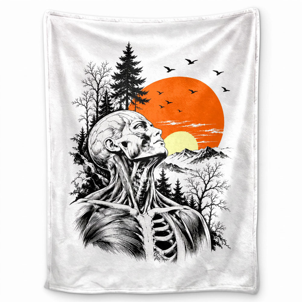 Anatomical Skeleton Blanket, Vintage Sunset Mountain Fleece & Sherpa  Blanket, Gothic Nature Gift for Men Women