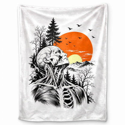Anatomical Skeleton Blanket, Vintage Sunset Mountain Fleece & Sherpa  Blanket, Gothic Nature Gift for Men Women