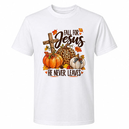Christian Thanksgiving Shirt - Fall For Jesus He Never Leaves - Trendy Fall Gift for Friends