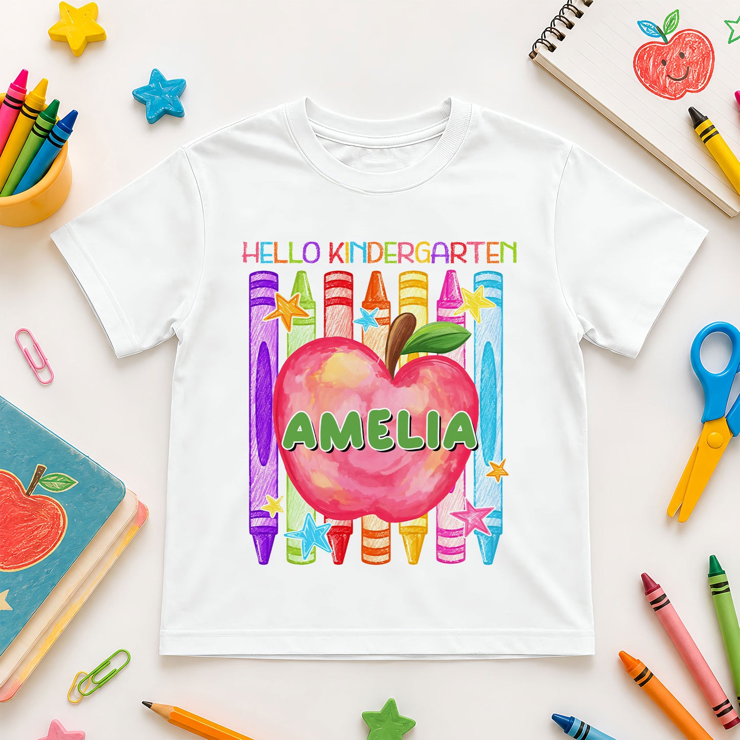 Colorful Apple Crayon Shirt - Custom Name & Grade Kids T-Shirt - First Day of School Outfit for Boys & Girls
