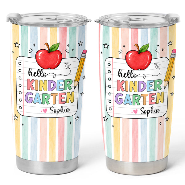 Personalized Hello Kindergarten Tumbler with Custom Grade & Name, Back to School Student Travel Cup, First Day of School Gift for Kids Students