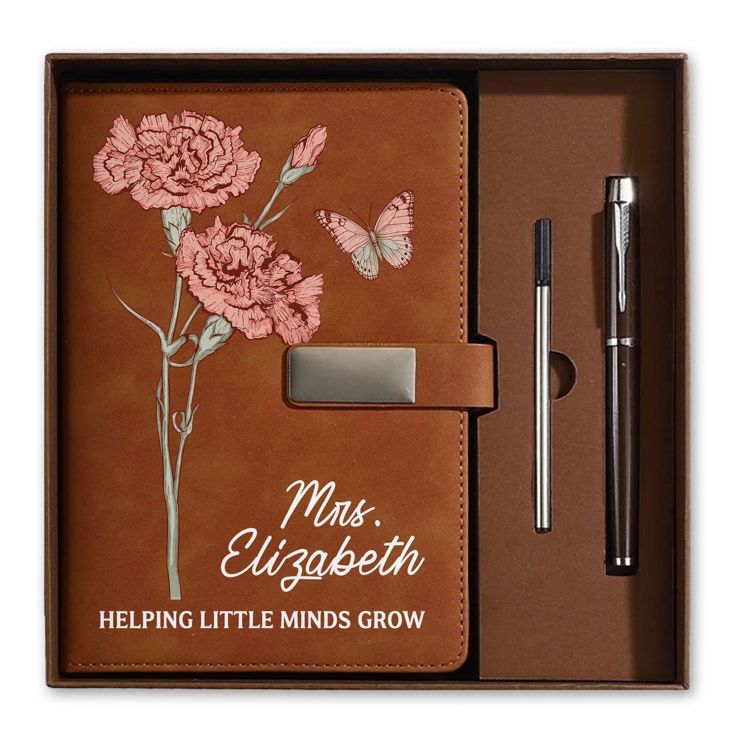 Vintage Birth Month Flower Teacher Journal Book - Custom Name Leather Notebook Gift Set - Teacher Appreciation Gift