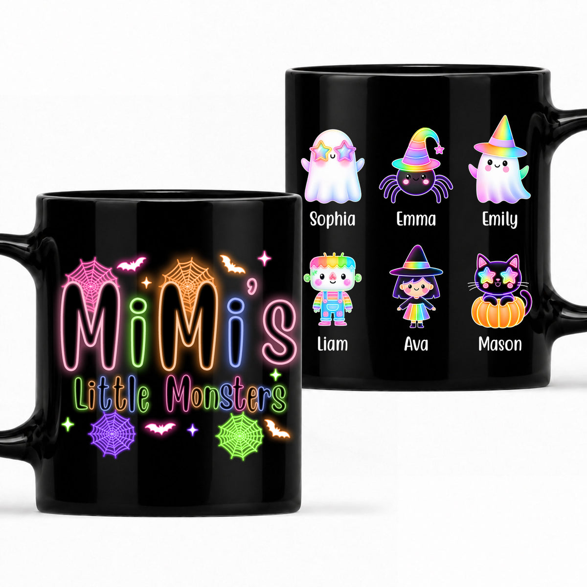 Personalized Halloween Black Mug - Mimi's Little Monsters Neon Mug - Halloween Gift for Grandma & Mom
