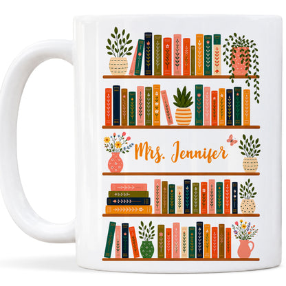 Vintage Floral Bookshelf Mug - Personalized Teacher Mug - Back To School Teacher Gift