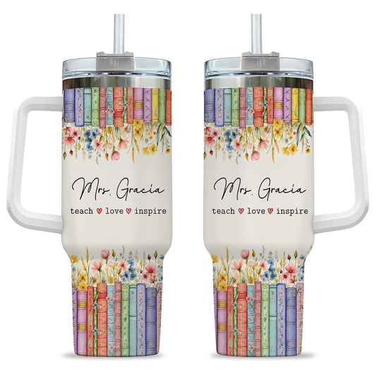 Personalized Teacher Tumbler - Vintage Floral Book Stack Tumbler - Custom Teacher Name Tumbler, Teacher Appreciation Gift