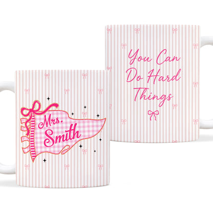 Personalized Teacher Student Coffee Mug with Custom Name, You Can Do Hard Things Mug, Striped Color School Gift, Back to School Cup