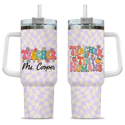 Retro Groovy Teacher Tumbler with Handle - Teacher of Tiny Humans - Personalized Teacher To Go Cup - Retro Gift for Teachers