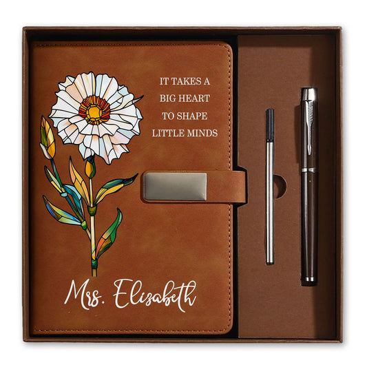 Stained Glass Birth Month Flower Teacher Journal - Custom Name Leather Notebook Gift Set - Teacher Appreciation Gift