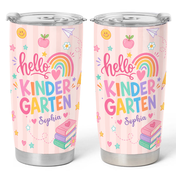 Personalized Hello Kindergarten Tumbler with Custom Grade & Name, Back to School Student Travel Cup, First Day of School Gift for Kids Students