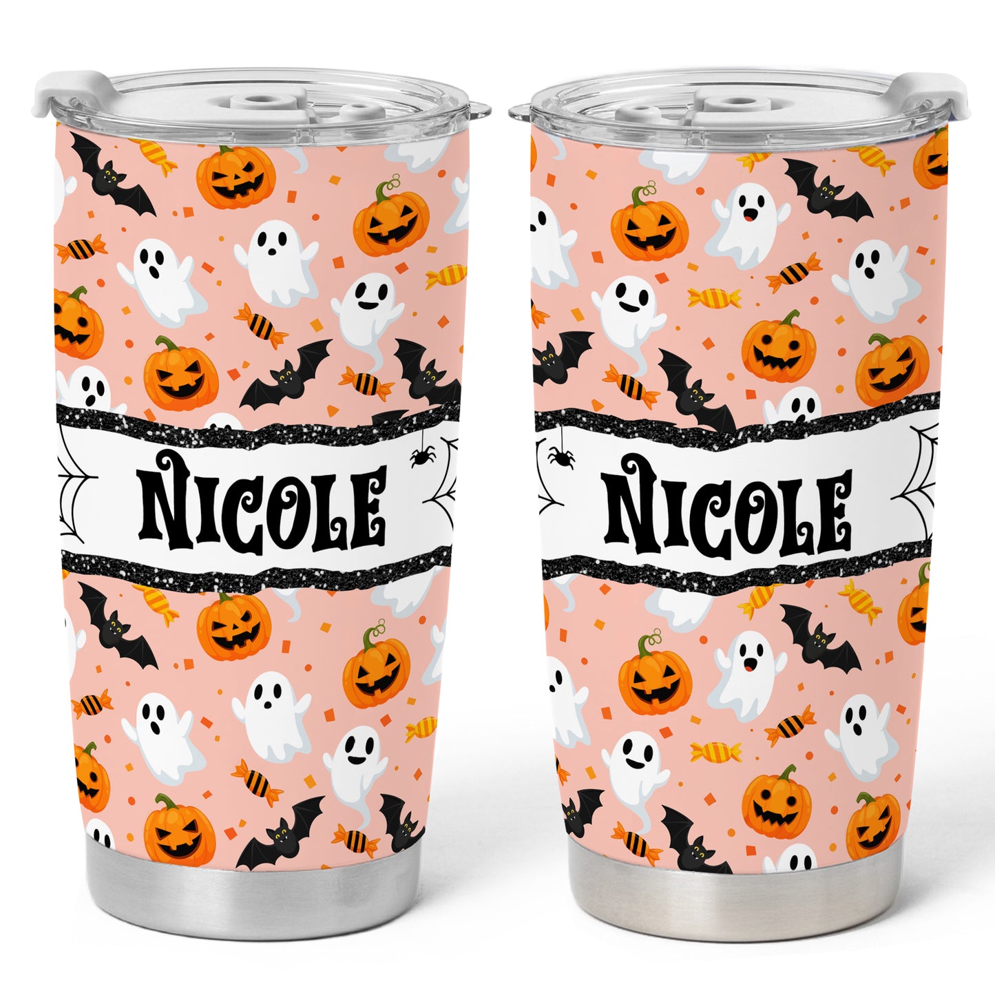 Personalized Halloween Tumbler with Name - Cute Halloween Pattern Tumbler, 20oz Insulated Travel Cup - Custom Fall Gift