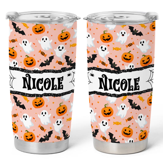 Personalized Halloween Tumbler with Name - Cute Halloween Pattern Tumbler, 20oz Insulated Travel Cup - Custom Fall Gift