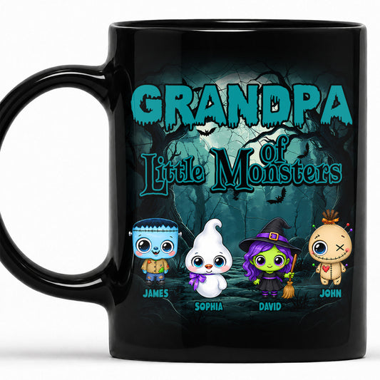 Personalized Halloween Black Mug - Grandpa of Little Monsters Mug - Cute Grandparents, Parents Coffee Cup, Halloween Family Gift
