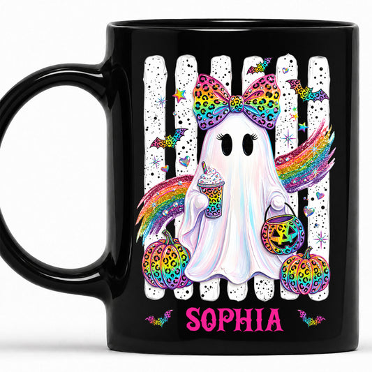 Personalized Halloween Black Mug - Custom Name Ghost & Rainbow Pumpkin Mug - Cute Spooky Halloween Drinkware, Gift for Halloween Lovers