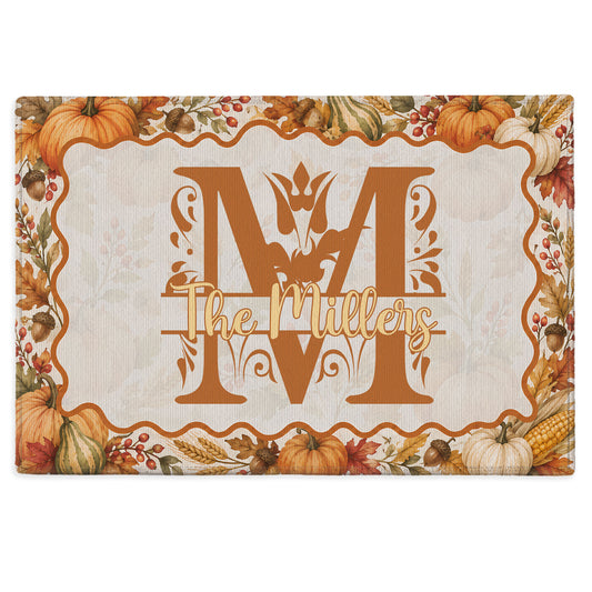Personalized Thanksgiving Doormat - Custom Family Name Monogram Door Mat - Fall Harvest Pumpkin Home Decor