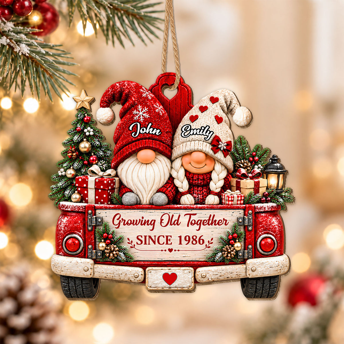 Personalized Custom Shape Wooden Ornament - Gnome Couple Growing Old Together - Christmas Gift for Couples