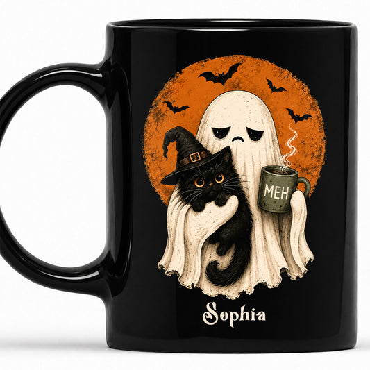 Personalized Halloween Mug, Custom Ghost Cat Coffee Cup, Cute Spooky Mug, Halloween Gift for Cat Lovers