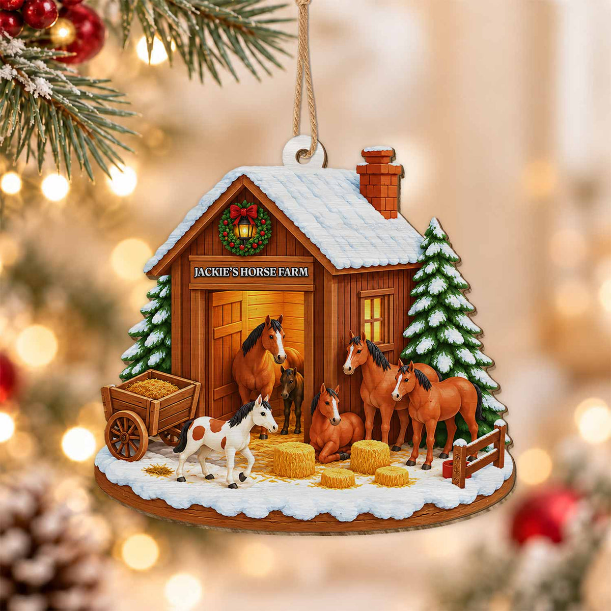 Personalized Custom Shape Wood Ornament - Custom Kid Name Horse Barn Ornament - Farmhouse Holiday Keepsake
