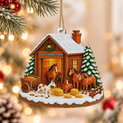 Personalized Custom Shape Wood Ornament - Custom Kid Name Horse Barn Ornament - Farmhouse Holiday Keepsake