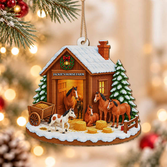 Personalized Custom Shape Wood Ornament - Custom Kid Name Horse Barn Ornament - Farmhouse Holiday Keepsake